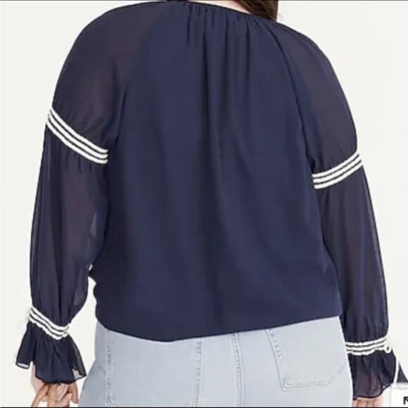 NWT J. CREW Flutter Cuff Crinkle Chiffon Top Blouse Peasant Navy Blue White sz M - Picture 2 of 8